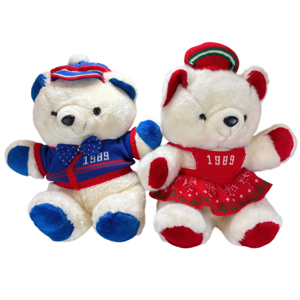 Vintage 1989 Kmart Christmas Bears Pair Boy Girl Plush White Teddy Set Holiday
